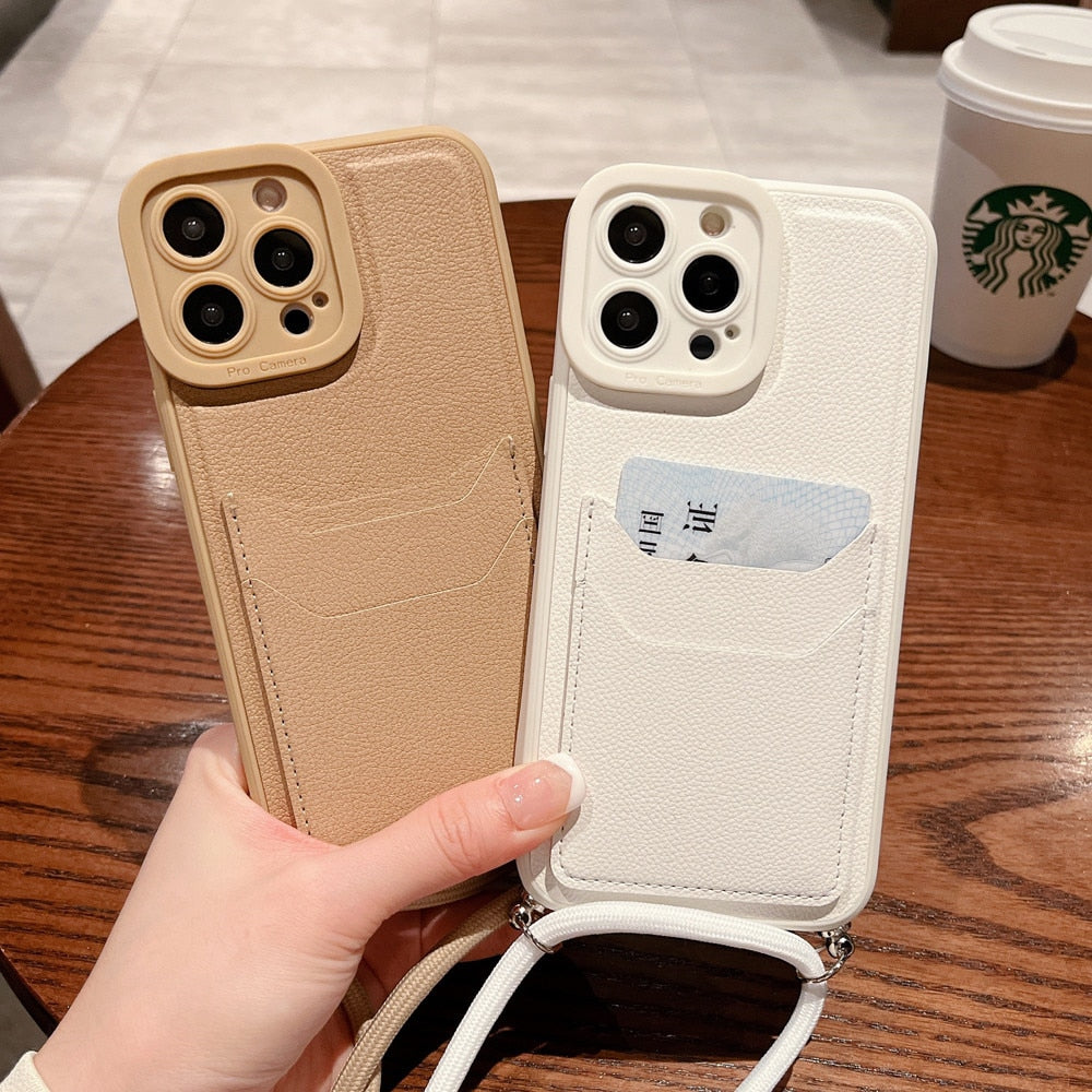 Anymob iPhone Case Brown Crossbody Necklace Strap Lanyard with Card Holder Silicone Cover-Mobile Phone Cases-PEROZ Accessories