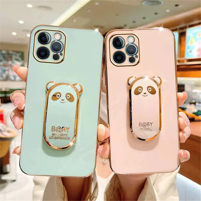 Anymob iPhone Case Shockproof Pink Plating Lovely Panda Fold Stand Phone Case Soft Silicone Cover-Mobile Phone Cases-PEROZ Accessories