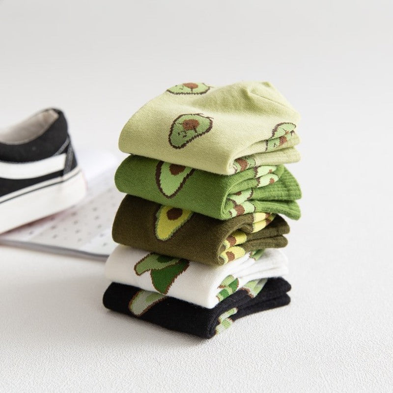 Anysox 5 Pairs One Size 5-9 Green Spring Summer Cotton Avocado Breathable School Girl For Female Ankle Socks-Socks-PEROZ Accessories