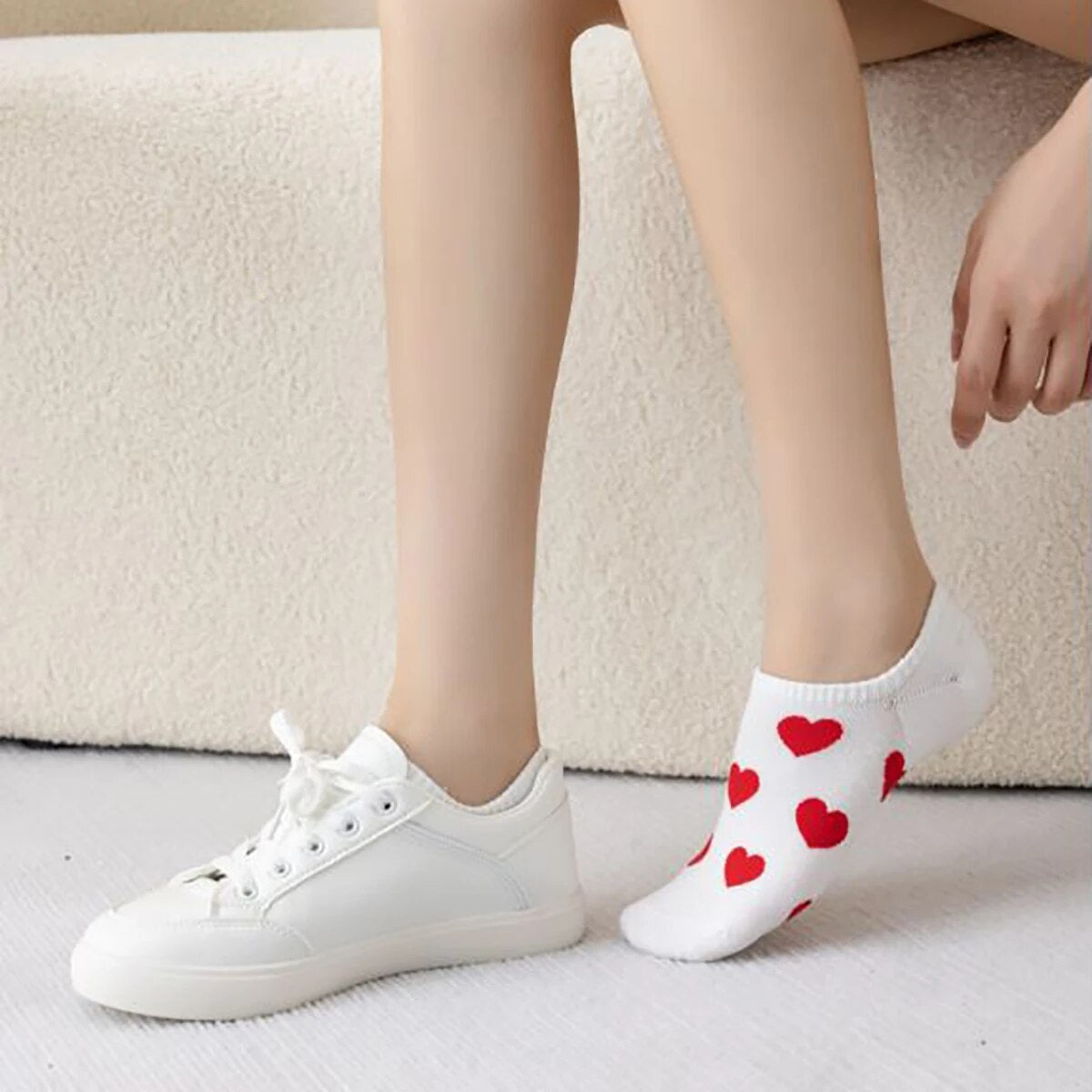 Anysox 5 Pairs Size 36-39 White with Red Hearts Fashion Socks High Quality Breathable Cotton Foor Wear for Ladies-Socks-PEROZ Accessories