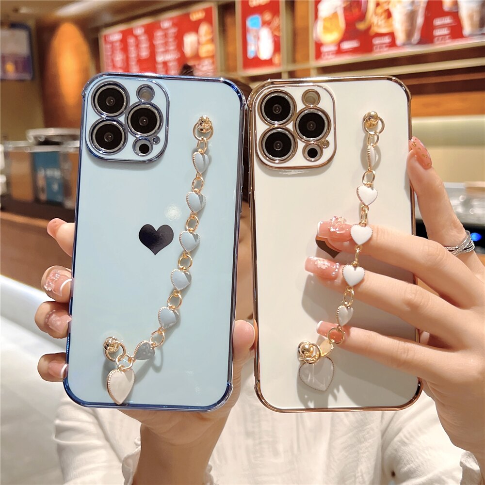 Anymob iPhone Black Wrist Chain Soft Silicone Case Love Heart Side Pattern Plating Phone Cover-Mobile Phone Cases-PEROZ Accessories