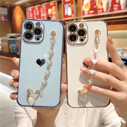 Anymob iPhone Black Wrist Chain Soft Silicone Case Love Heart Side Pattern Plating Phone Cover-Mobile Phone Cases-PEROZ Accessories