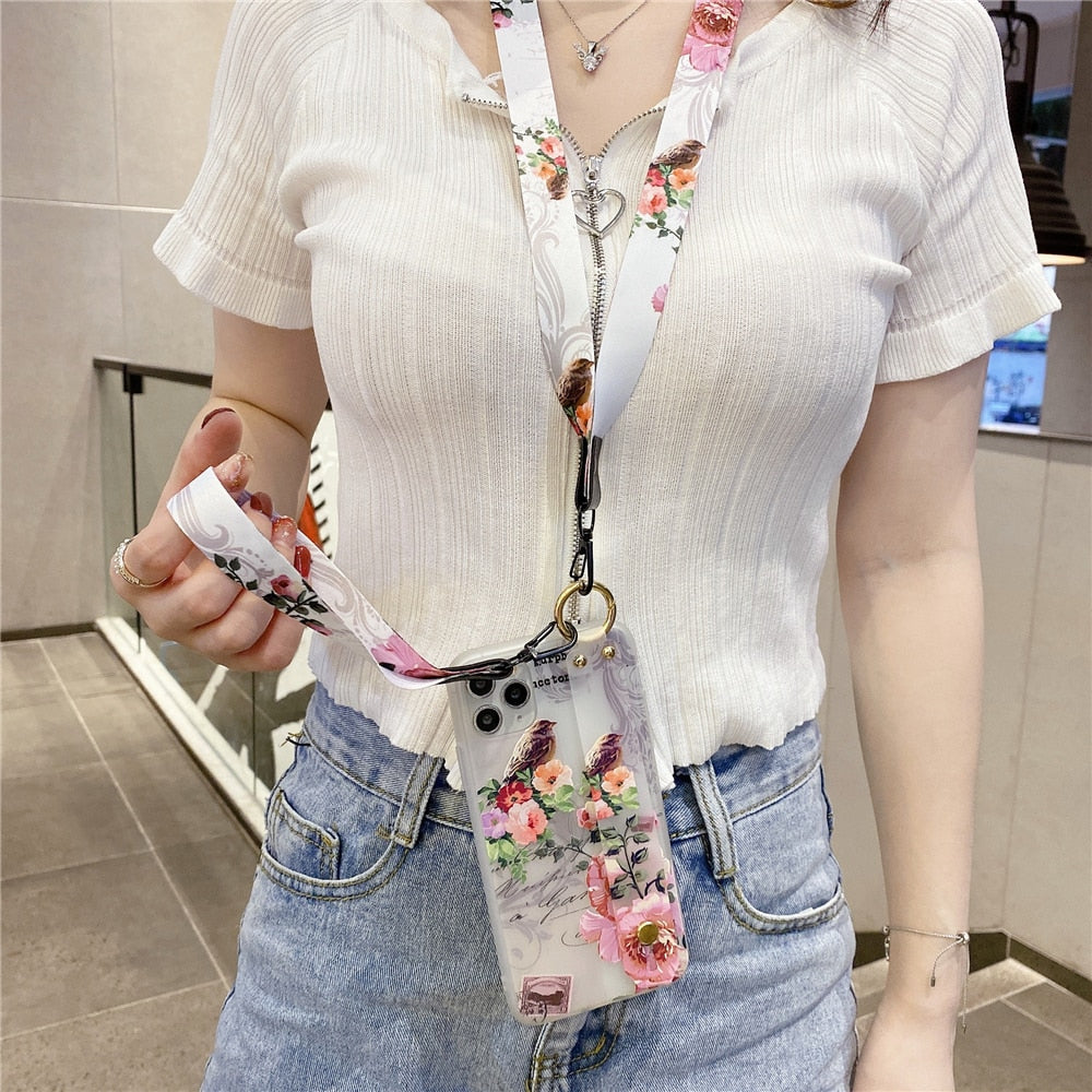Anymob iPhone Case Blue and Pink 3D Flower Soft Silicone Phone Cover With Wrist Strap Lanyard-Mobile Phone Cases-PEROZ Accessories