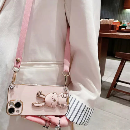 Anymob iPhone Case Shockproof Dark Pink Rabbit Bracket Crossbody Lanyard Case Plating Stand Silicon Phone Cover-Mobile Phone Cases-PEROZ Accessories