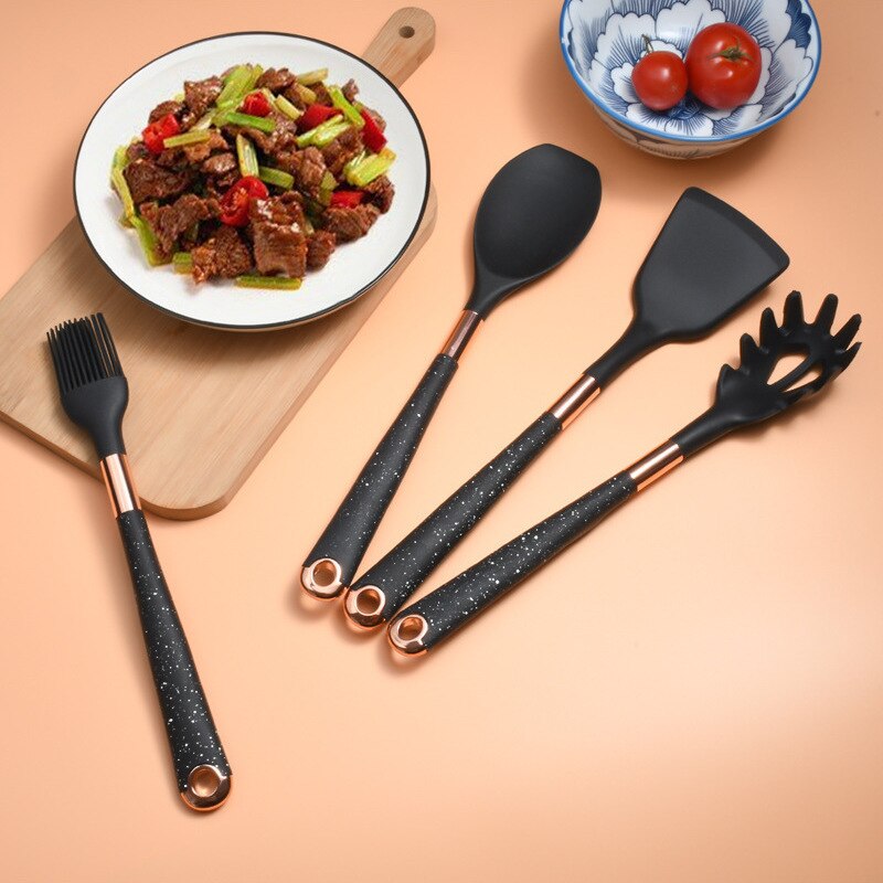 Anygleam Kitchen Utensils Non-stick Black 7 Set Gold Plated Handle with Support Point Cooking Tool Accessories Heat Resistant Kitchenware-Spatula and Shovel-PEROZ Accessories