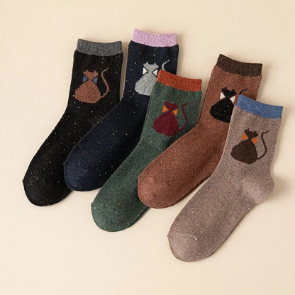 Anysox 5 Pairs Size 35-40 Mixed Color Cat Bowtie Cartoon Fashion Socks High Quality Woollen Stockings Foot Wear-Socks-PEROZ Accessories