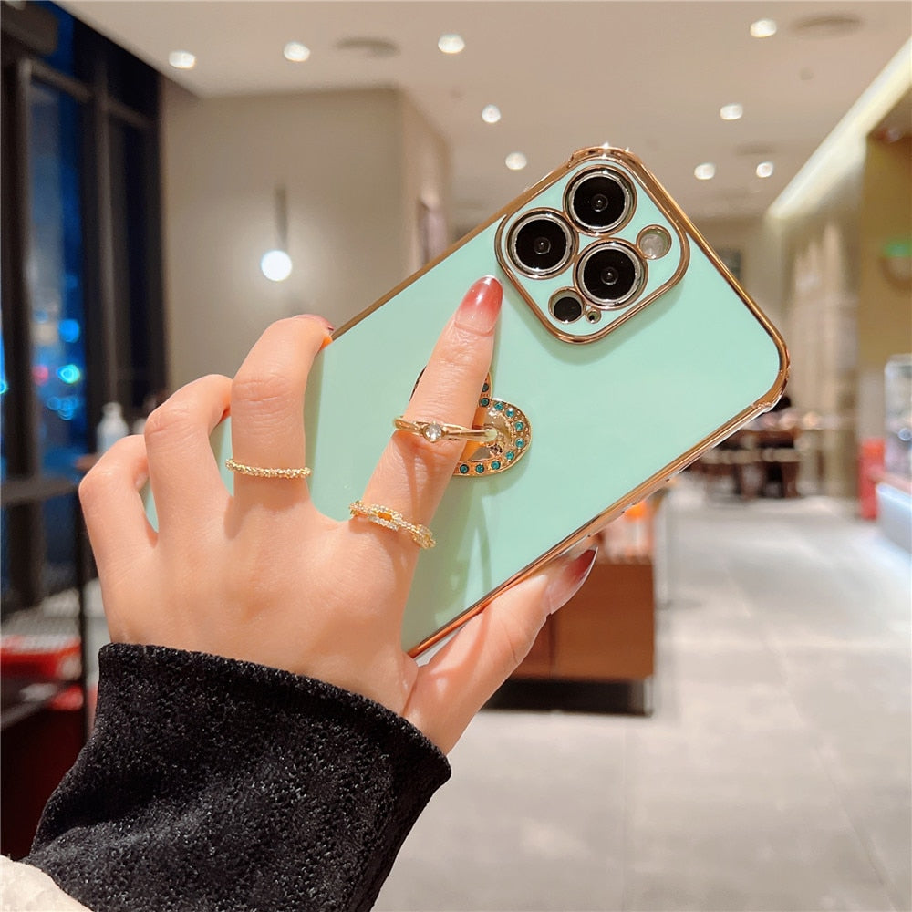 Anymob iPhone Case Blue Plating Love Heart Ring Holder Kickstand Soft Silicone Cover-Mobile Phone Cases-PEROZ Accessories