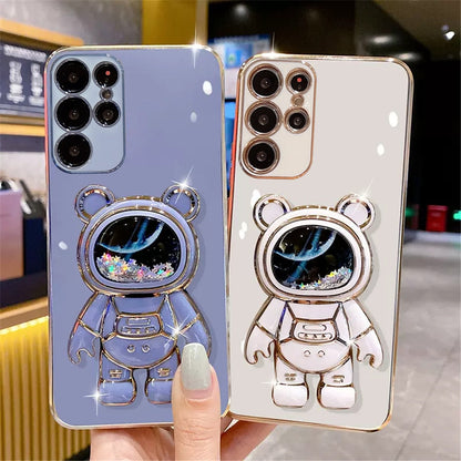 Anymob Samsung Case Pink Quicksand Space Bear Stand Phone Soft Cover Protection-Mobile Phone Cases-PEROZ Accessories