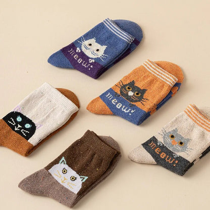 Anysox 5 Pairs Size 35-40 Mixed Color Cat Meow Cartoon Fashion Socks High Quality Woollen Stockings Foot Wear-Socks-PEROZ Accessories
