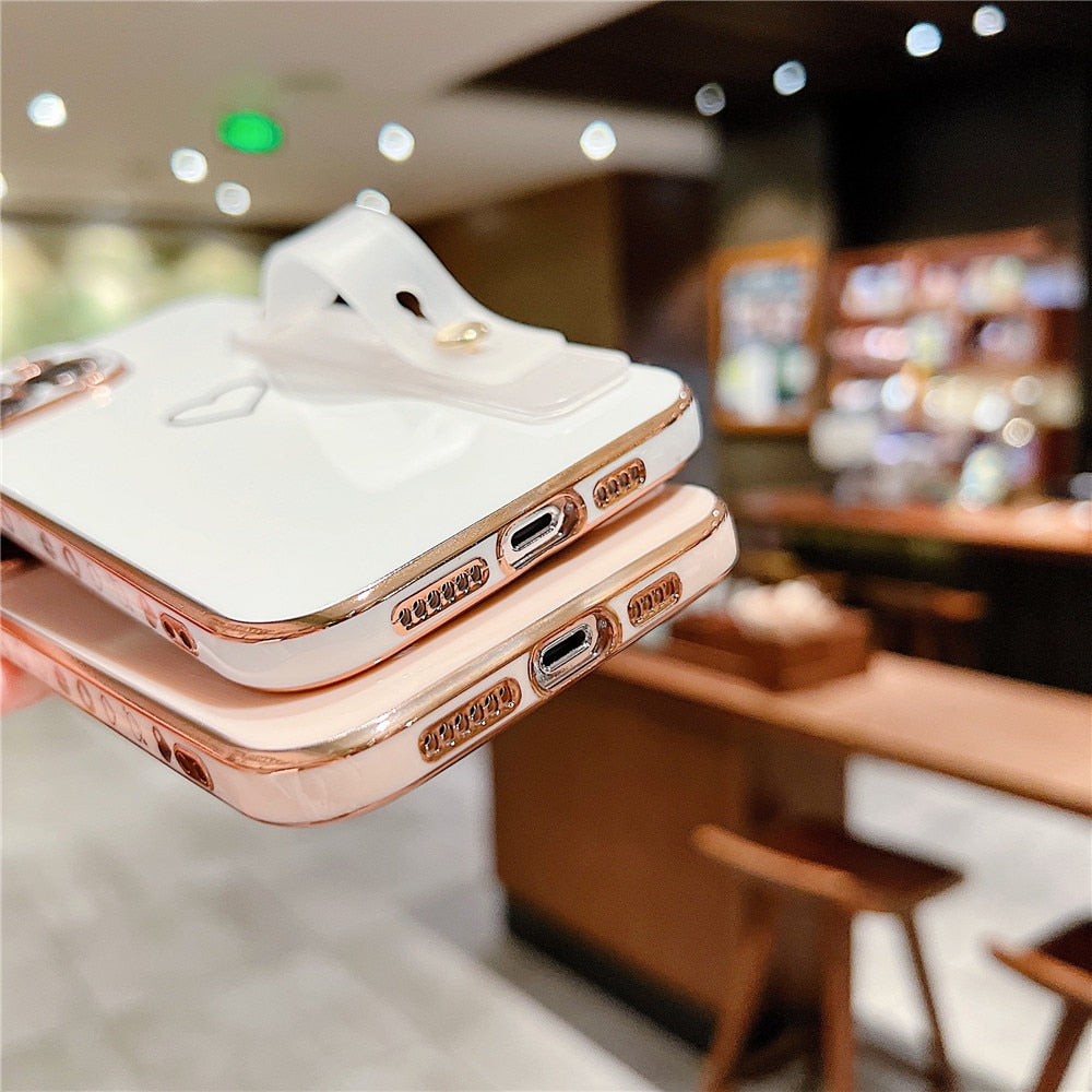 Anymob iPhone Case Peach Love Heart Plating Wristband Bracket Electroplated Silicone Soft Shockproof Back Cover-Mobile Phone Cases-PEROZ Accessories