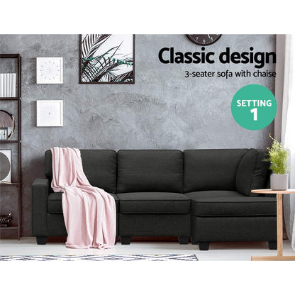Artiss Sofa Lounge Set 4 Seater Modular Chaise Chair Couch Fabric Dark Grey-Furniture &gt; Sofas - Peroz Australia - Image - 4