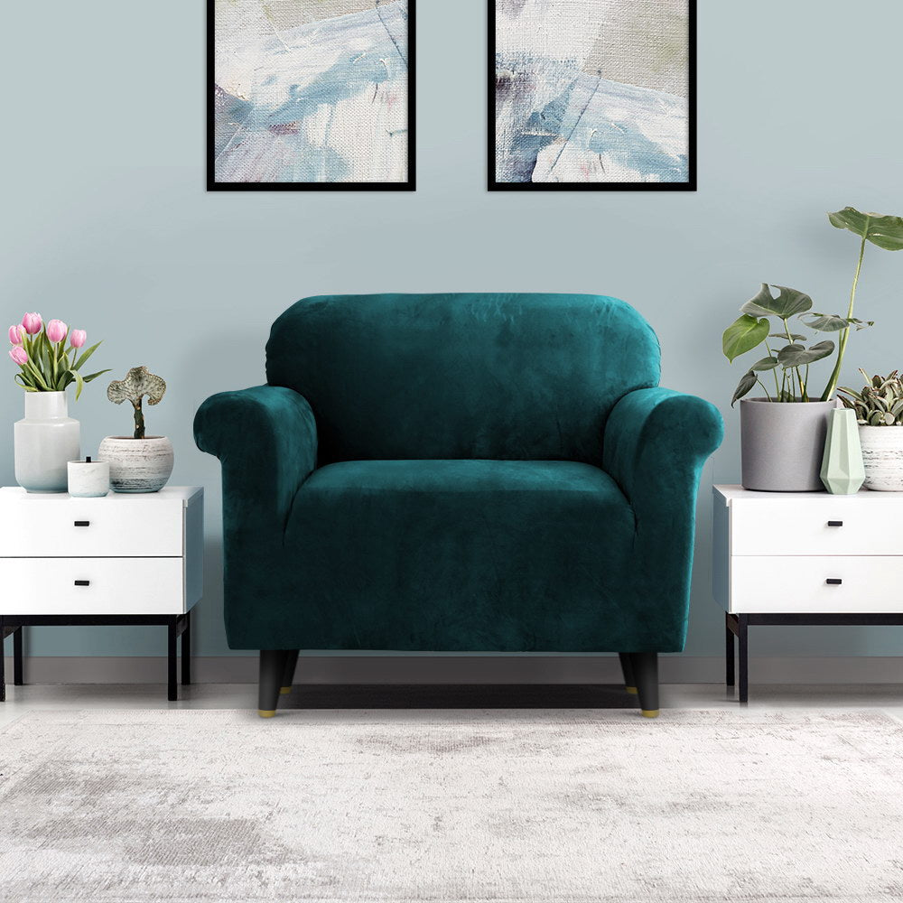 Artiss Velvet Sofa Cover Plush Couch Cover Lounge Slipcover 1 Seater Agate Green-Furniture &gt; Sofas - Peroz Australia - Image - 8