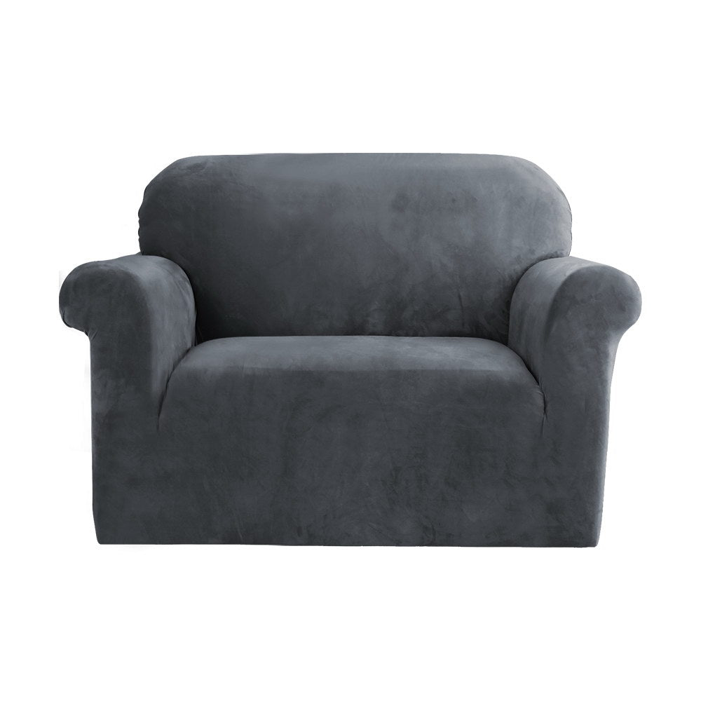 Artiss Velvet Sofa Cover Plush Couch Cover Lounge Slipcover 1 Seater Grey-Furniture &gt; Sofas - Peroz Australia - Image - 1