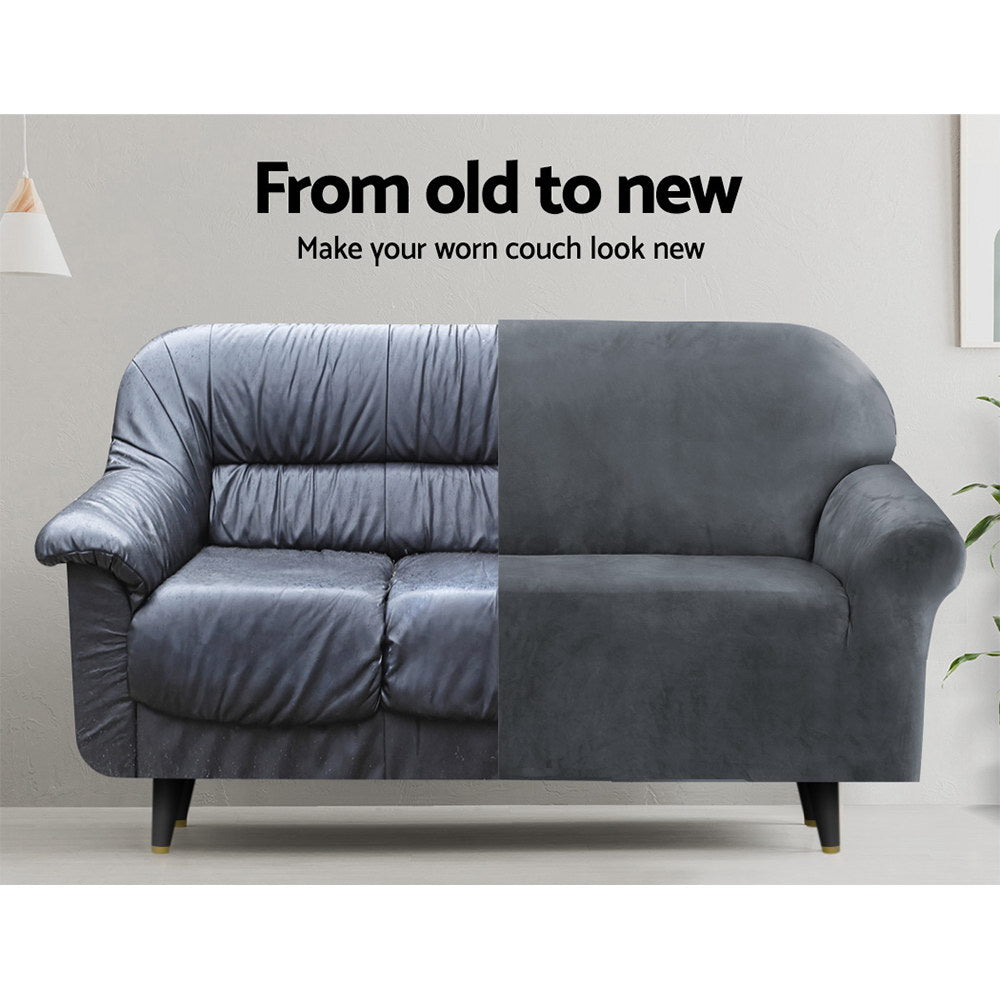 Artiss Velvet Sofa Cover Plush Couch Cover Lounge Slipcover 1 Seater Grey-Furniture &gt; Sofas - Peroz Australia - Image - 4