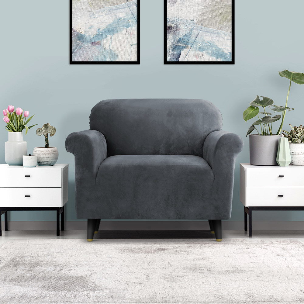 Artiss Velvet Sofa Cover Plush Couch Cover Lounge Slipcover 1 Seater Grey-Furniture &gt; Sofas - Peroz Australia - Image - 8