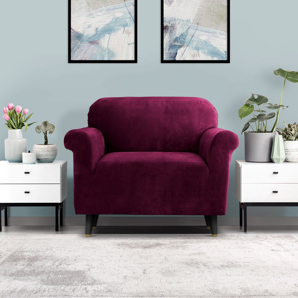 Artiss Velvet Sofa Cover Plush Couch Cover Lounge Slipcover 1 Seater Ruby Red-Furniture &gt; Sofas - Peroz Australia - Image - 1