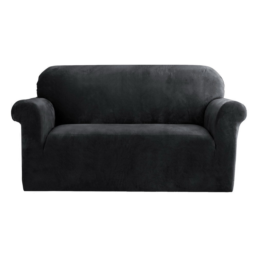 Artiss Velvet Sofa Cover Plush Couch Cover Lounge Slipcover 2 Seater Black-Furniture &gt; Sofas - Peroz Australia - Image - 2