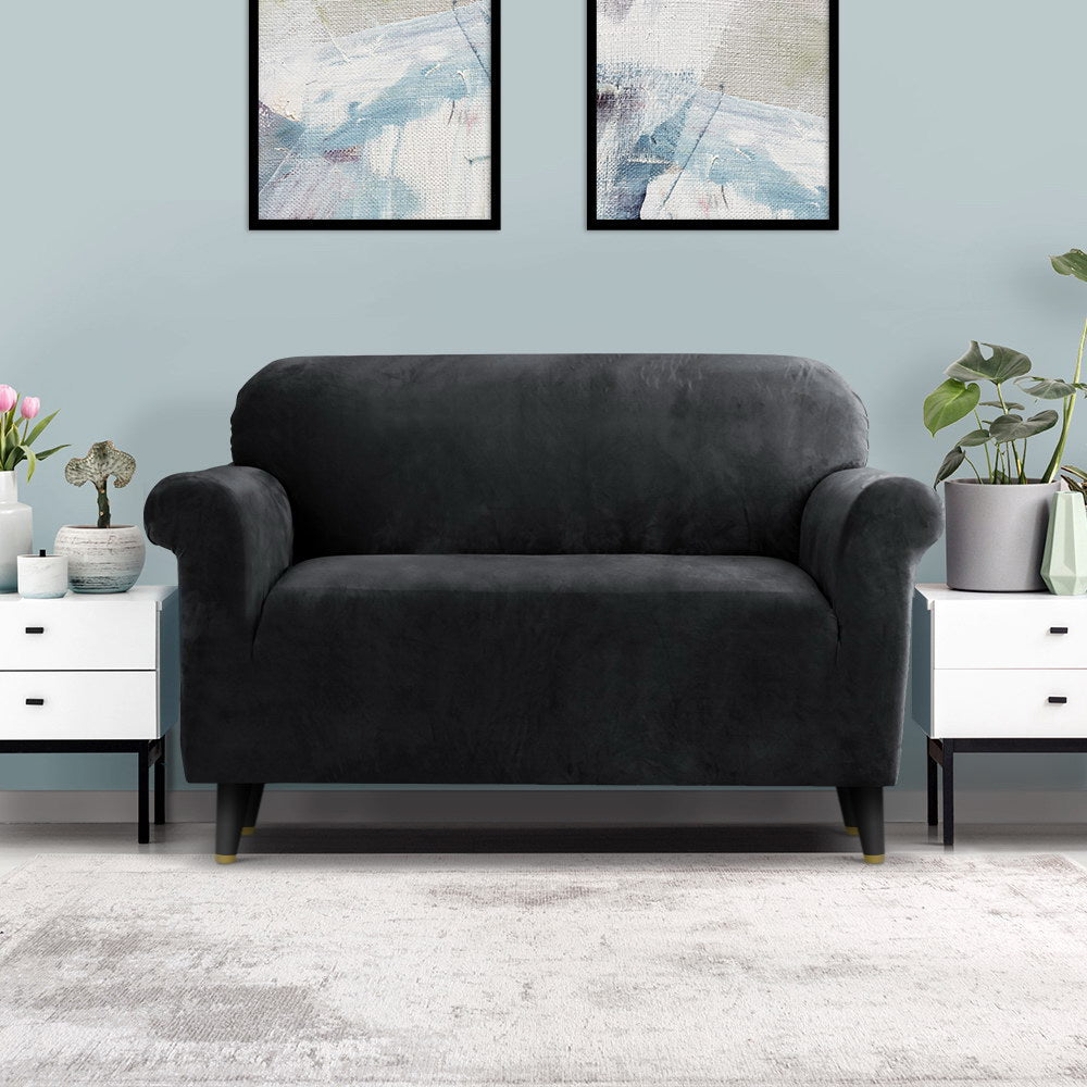 Artiss Velvet Sofa Cover Plush Couch Cover Lounge Slipcover 2 Seater Black-Furniture &gt; Sofas - Peroz Australia - Image - 1
