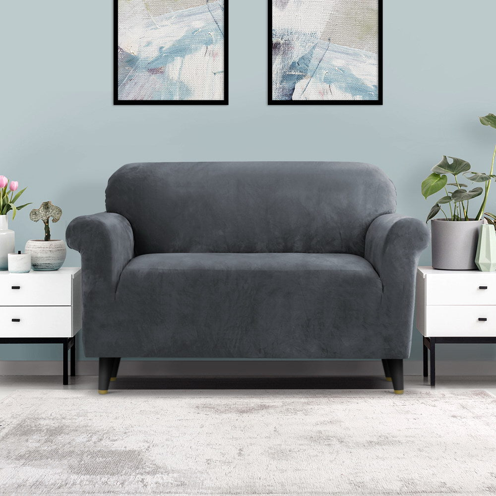 Artiss Velvet Sofa Cover Plush Couch Cover Lounge Slipcover 2 Seater Grey-Furniture &gt; Sofas - Peroz Australia - Image - 1