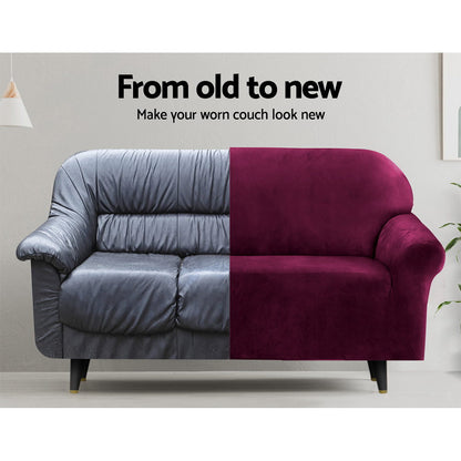 Artiss Velvet Sofa Cover Plush Couch Cover Lounge Slipcover 2 Seater Ruby Red-Furniture &gt; Sofas - Peroz Australia - Image - 4