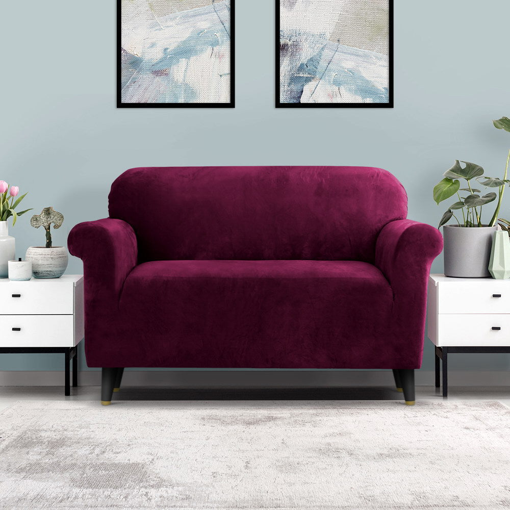 Artiss Velvet Sofa Cover Plush Couch Cover Lounge Slipcover 2 Seater Ruby Red-Furniture &gt; Sofas - Peroz Australia - Image - 8