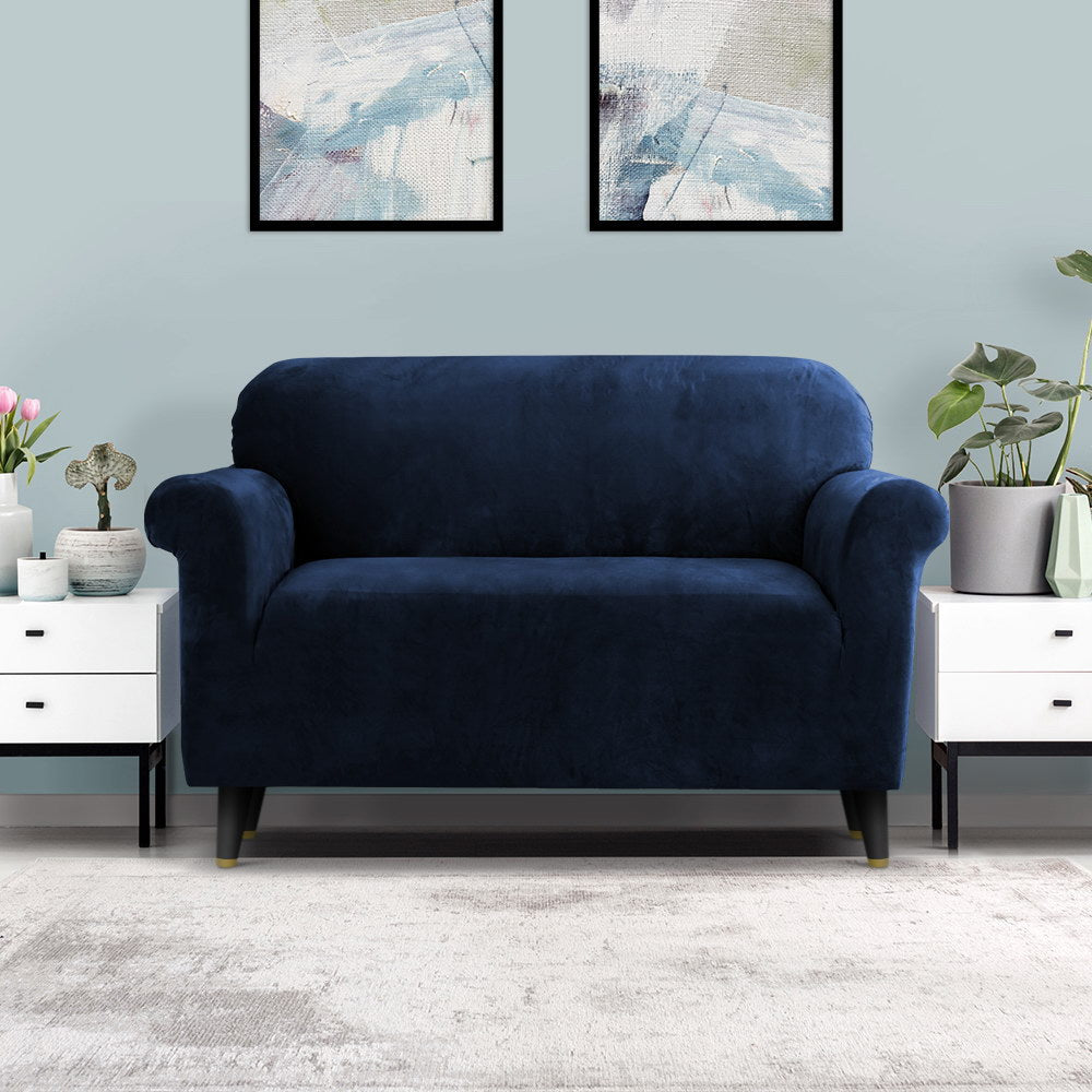 Artiss Velvet Sofa Cover Plush Couch Cover Lounge Slipcover 2 Seater Sapphire-Furniture &gt; Sofas - Peroz Australia - Image - 1