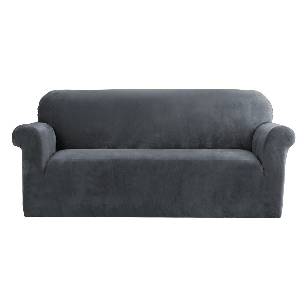 Artiss Velvet Sofa Cover Plush Couch Cover Lounge Slipcover 3 Seater Grey-Furniture &gt; Sofas - Peroz Australia - Image - 2
