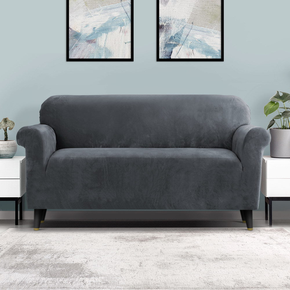 Artiss Velvet Sofa Cover Plush Couch Cover Lounge Slipcover 3 Seater Grey-Furniture &gt; Sofas - Peroz Australia - Image - 1