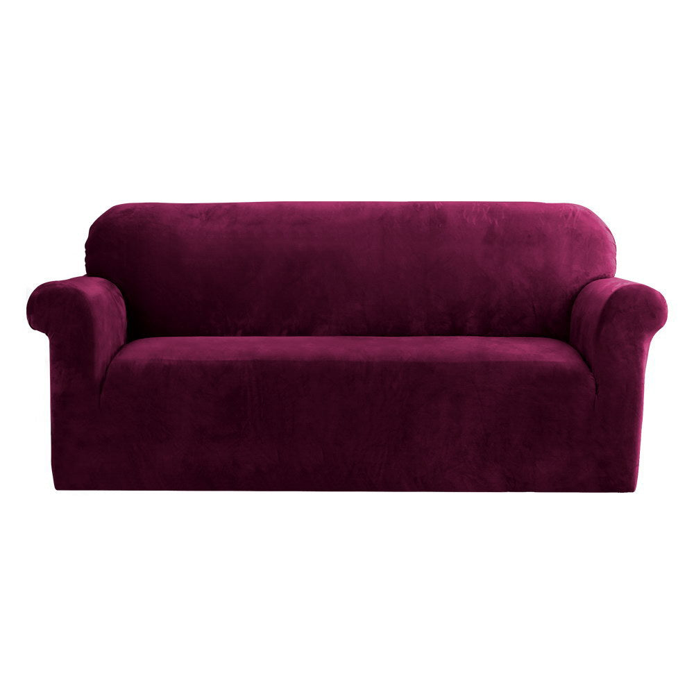 Artiss Velvet Sofa Cover Plush Couch Cover Lounge Slipcover 3 Seater Ruby Red-Furniture &gt; Sofas - Peroz Australia - Image - 2