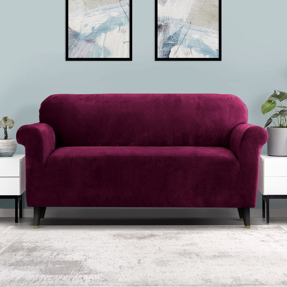 Artiss Velvet Sofa Cover Plush Couch Cover Lounge Slipcover 3 Seater Ruby Red-Furniture &gt; Sofas - Peroz Australia - Image - 1