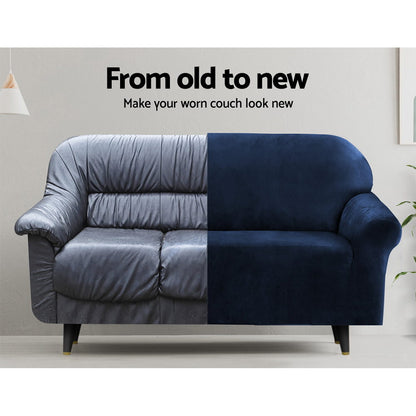 Artiss Velvet Sofa Cover Plush Couch Cover Lounge Slipcover 3 Seater Sapphire-Furniture &gt; Sofas - Peroz Australia - Image - 5