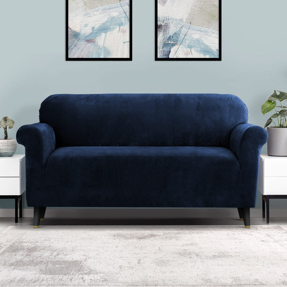 Artiss Velvet Sofa Cover Plush Couch Cover Lounge Slipcover 3 Seater Sapphire-Furniture &gt; Sofas - Peroz Australia - Image - 1