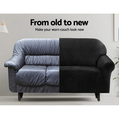 Artiss Velvet Sofa Cover Plush Couch Cover Lounge Slipcover 4 Seater Black-Furniture &gt; Sofas - Peroz Australia - Image - 5