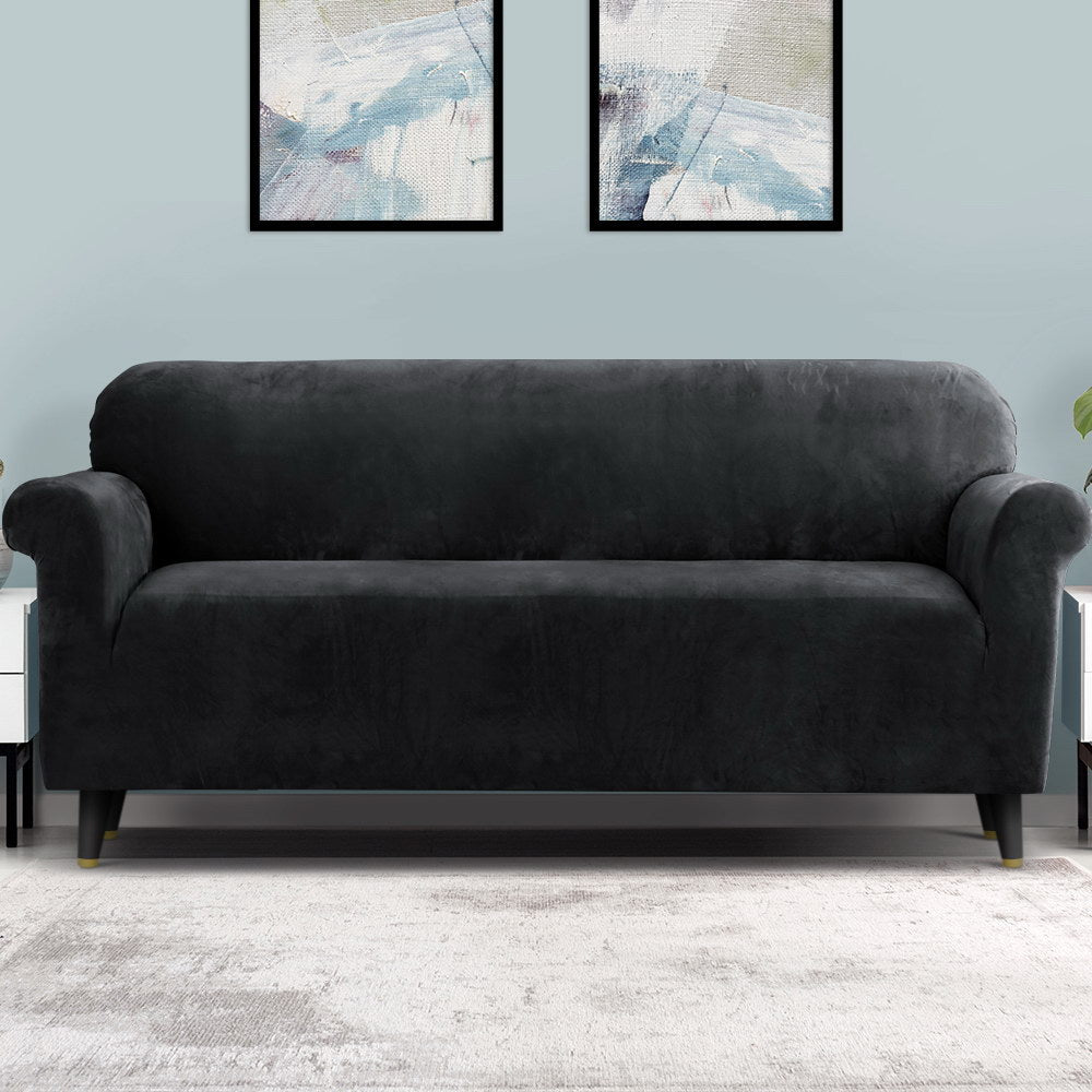 Artiss Velvet Sofa Cover Plush Couch Cover Lounge Slipcover 4 Seater Black-Furniture &gt; Sofas - Peroz Australia - Image - 1