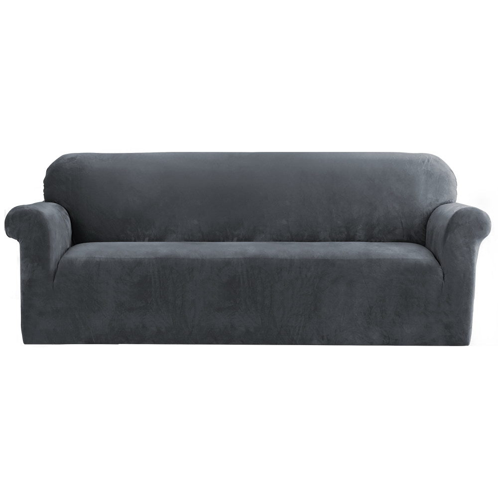 Artiss Velvet Sofa Cover Plush Couch Cover Lounge Slipcover 4 Seater Grey-Furniture &gt; Sofas - Peroz Australia - Image - 2