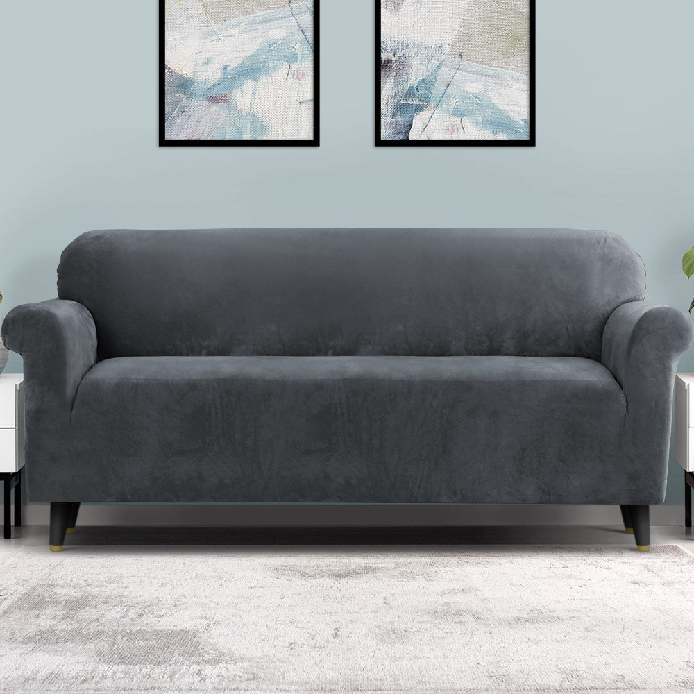 Artiss Velvet Sofa Cover Plush Couch Cover Lounge Slipcover 4 Seater Grey-Furniture &gt; Sofas - Peroz Australia - Image - 1