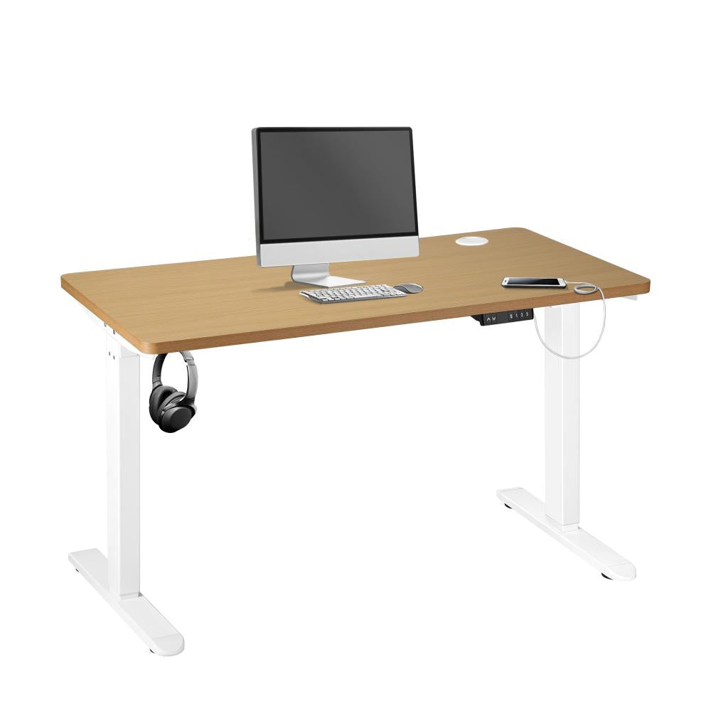 OIKITURE Sit Stand Desk Motorised Standing Desk Adjustable Table 160cm Lenght White and Oak |PEROZ Australia