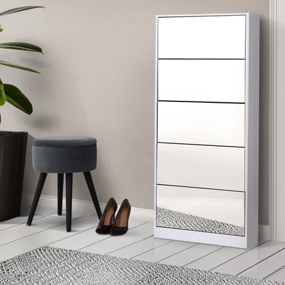 Artiss 5 Drawer Mirrored Wooden Shoe Cabinet - White-Home &amp; Garden &gt; Storage - Peroz Australia - Image - 1
