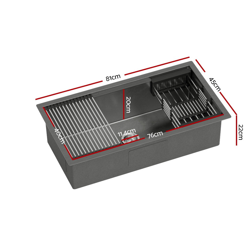 Cefito Kitchen Sink Stainless Steel 81X45CM Single Bowel with Drying Rack Black-Home &amp; Garden &gt; Kitchenware-PEROZ Accessories