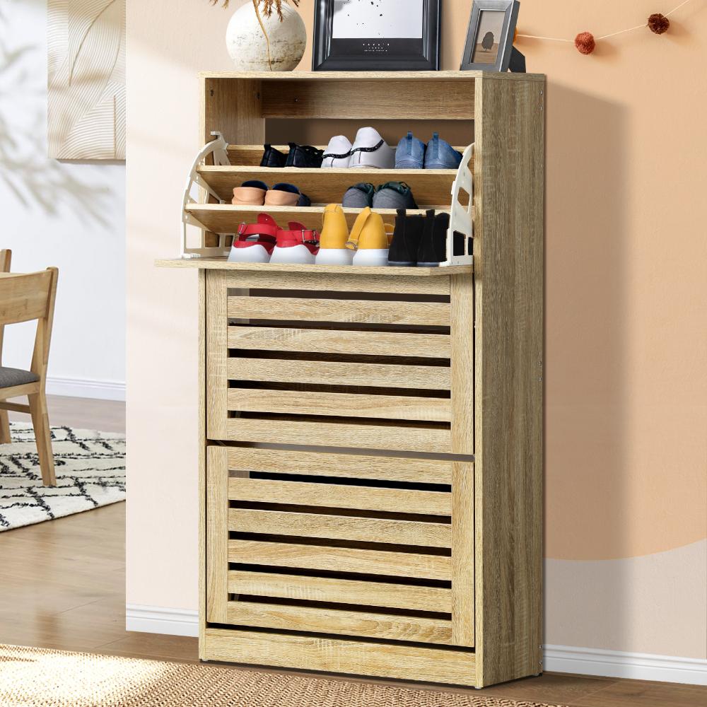 Oikiture Shoes Rack Shoe Storage Cabinet Organiser Shelf 3 Doors 45 Pairs Wooden-Shoe Storage Cabinet-PEROZ Accessories