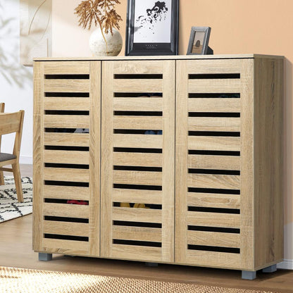 Oikiture Shoes Cabinet Shoe Storage Rack Organiser Shelf 3 Doors 30 Pairs Wooden-Shoe Storage Cabinet-PEROZ Accessories