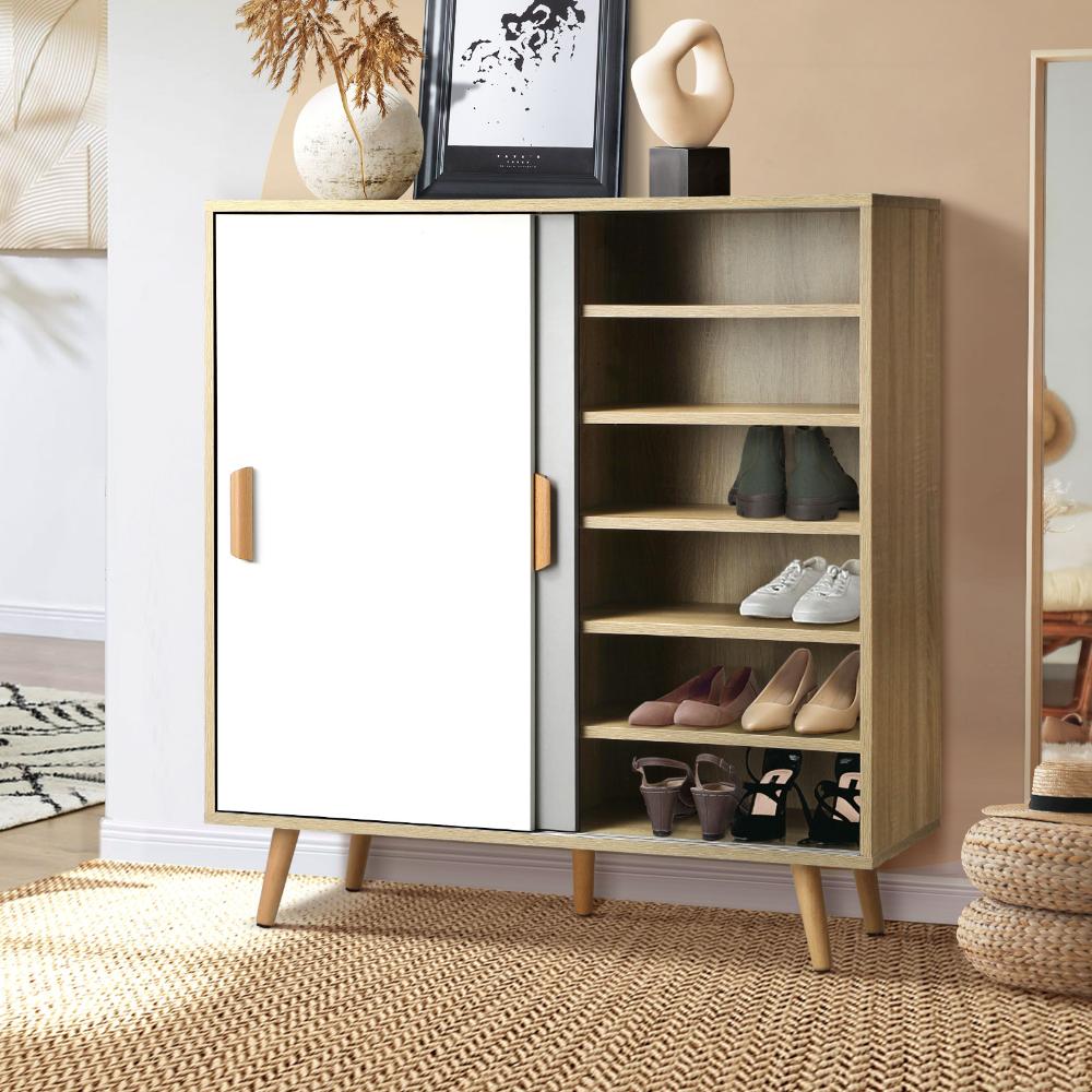 Oikiture Shoe Cabiner with 6 Adjustable Shelving and Sliding Doors, Shoe Rack Storage Sideboard White and Wood-Shoe Storage Cabinet-PEROZ Accessories