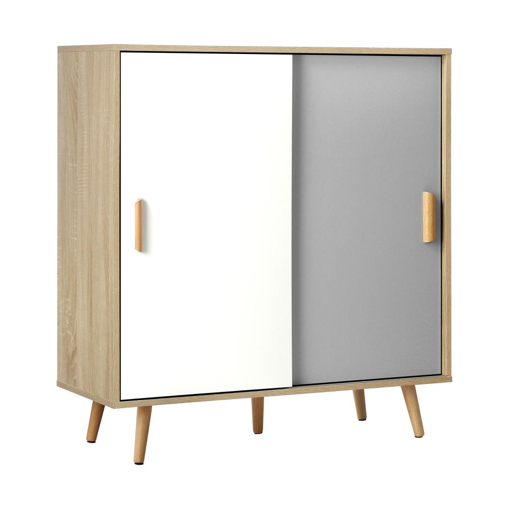 Oikiture Shoe Cabiner with 6 Adjustable Shelving and Sliding Doors, Shoe Rack Storage Sideboard White and Wood-Shoe Storage Cabinet-PEROZ Accessories