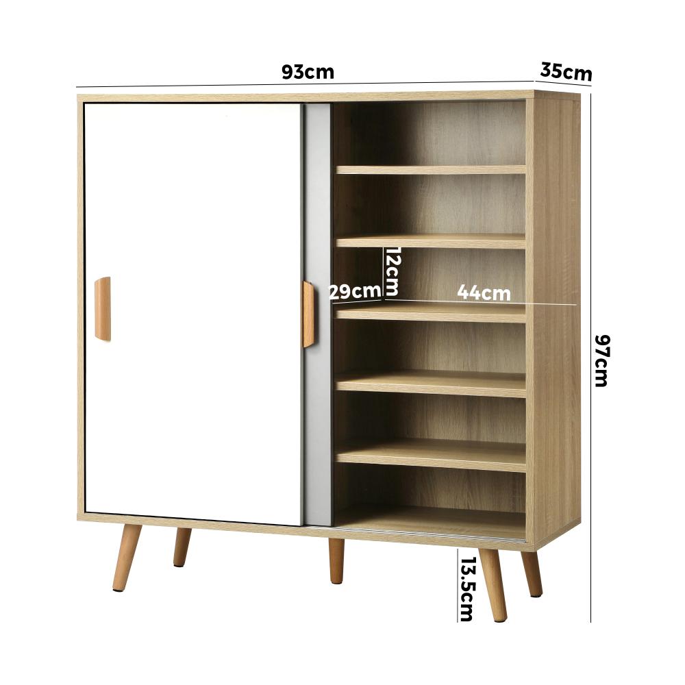 Oikiture Shoe Cabiner with 6 Adjustable Shelving and Sliding Doors, Shoe Rack Storage Sideboard White and Wood-Shoe Storage Cabinet-PEROZ Accessories