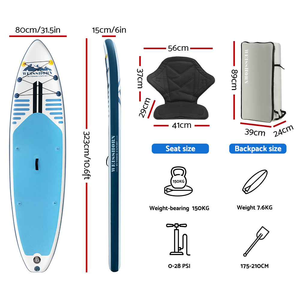 Weisshorn Stand Up Paddle Board Inflatable SUP Surfboard Paddleboard Kayak 10FT-Outdoor &gt; Boating-PEROZ Accessories