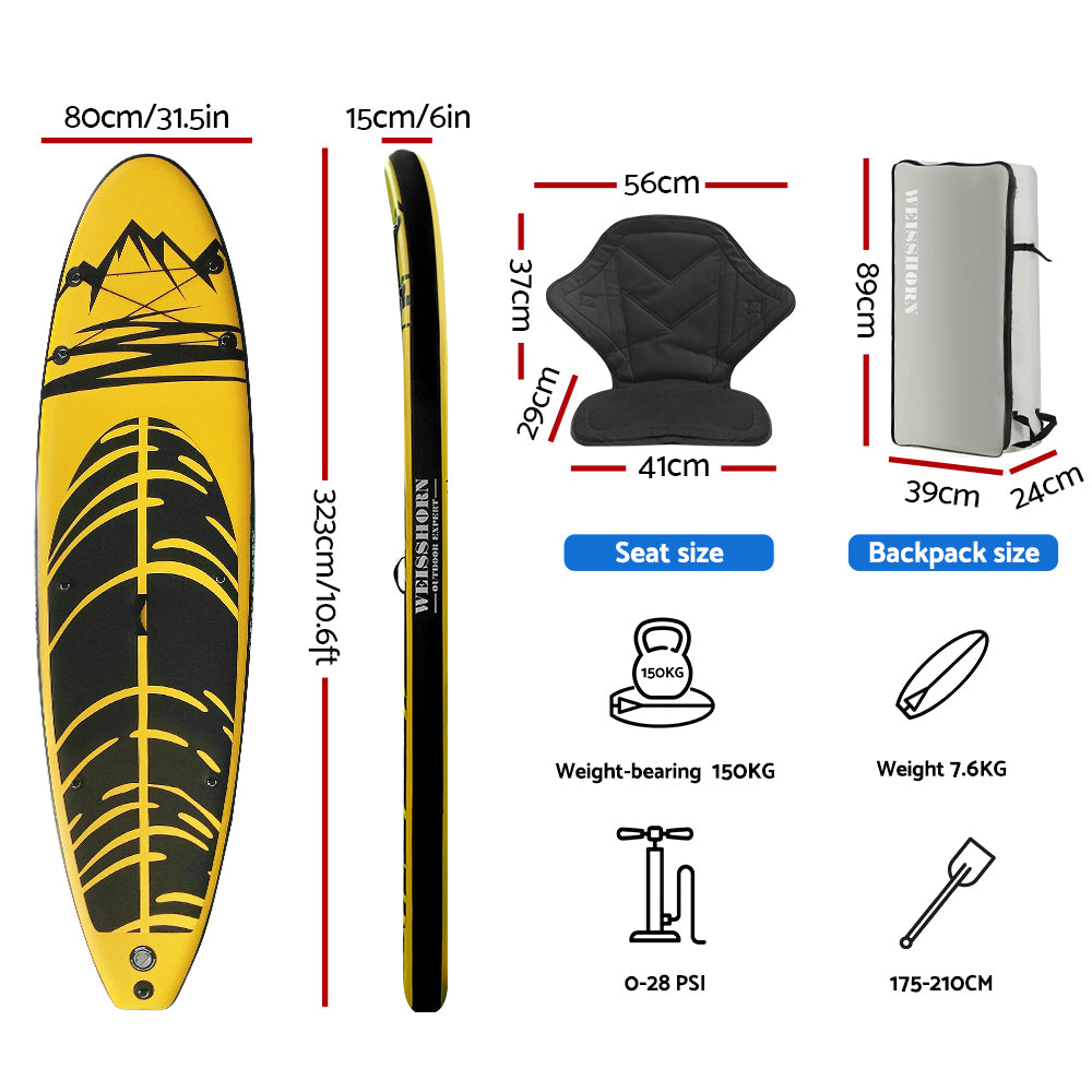 Weisshorn Stand Up Paddle Board Inflatable Kayak SUP Surfboard Paddleboard 10FT-Outdoor &gt; Boating-PEROZ Accessories