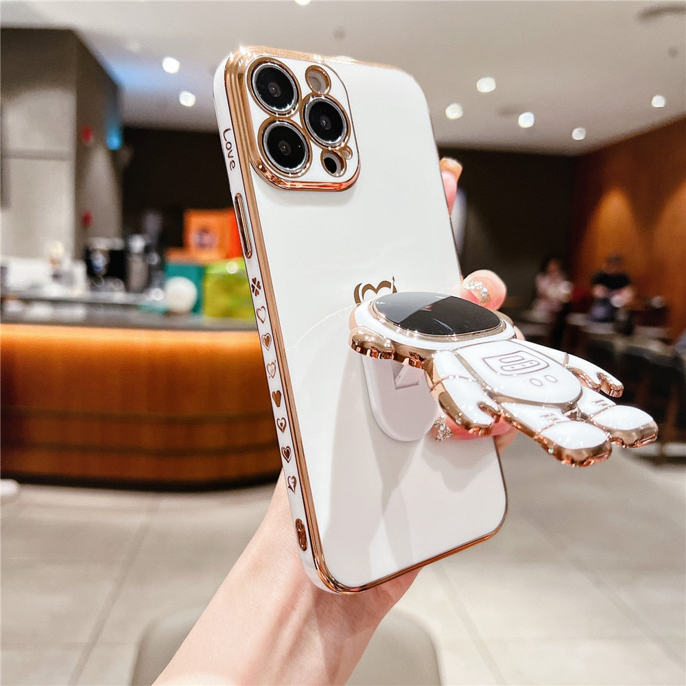 Anymob iPhone Case White Plating Astronaut Stand Holder Lens Protection Heart Pattern Cover-Mobile Phone Cases-PEROZ Accessories