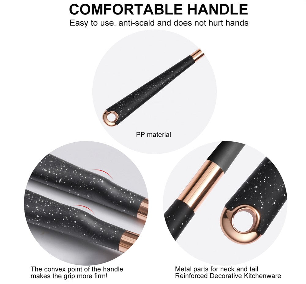 Anygleam Kitchen Utensils Non-stick Black 7 Set Gold Plated Handle with Support Point Cooking Tool Accessories Heat Resistant Kitchenware-Spatula and Shovel-PEROZ Accessories