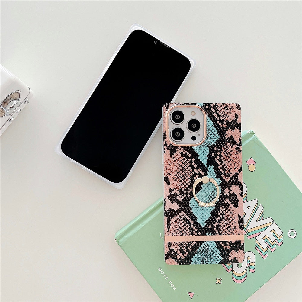 Anymob iPhone Case Pink Snake Skin Pattern Silicon Cover With Ring Holder-Mobile Phone Cases-PEROZ Accessories