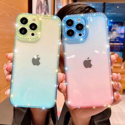 Anymob iPhone Case Pink Gradient Transparent Diamond Frame Lens Protection Shockproof Bumper Soft Cover-Mobile Phone Cases-PEROZ Accessories